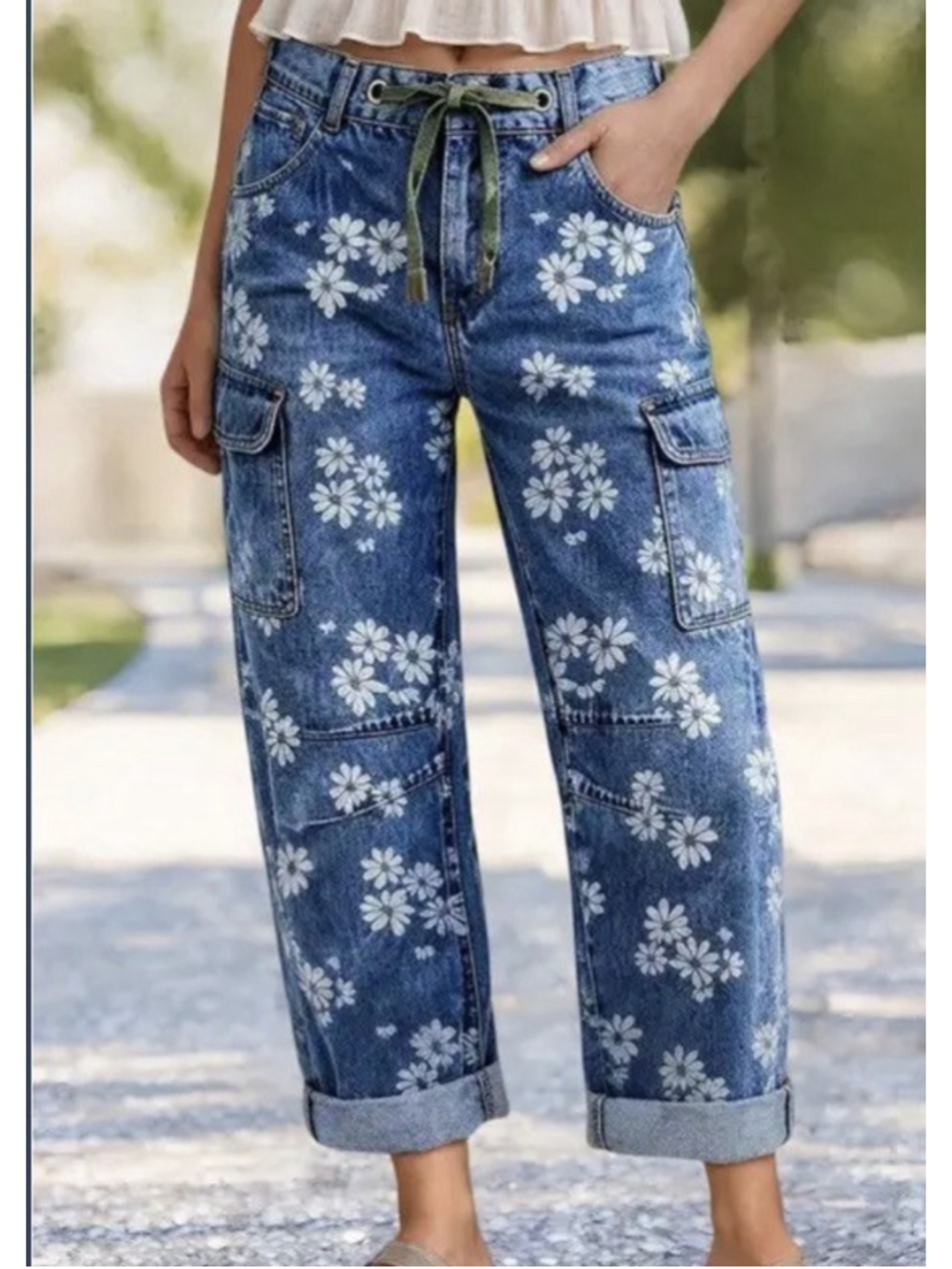 Flamingals Floral Print Roll Hem Drawstring High Waist Barrel Leg Crop Jeans M